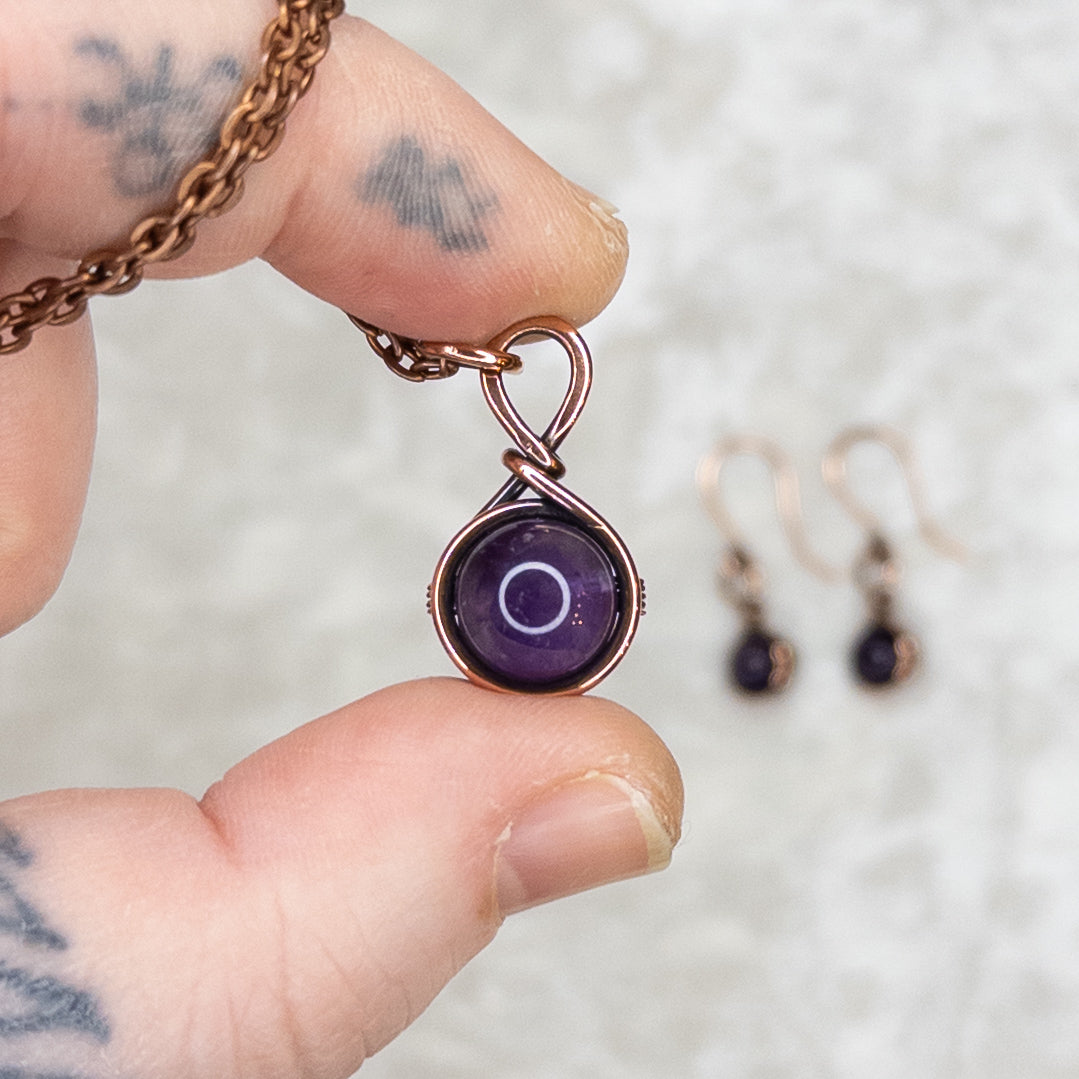 Drops of Amethyst Antiqued Copper Pendant & Earrings Set