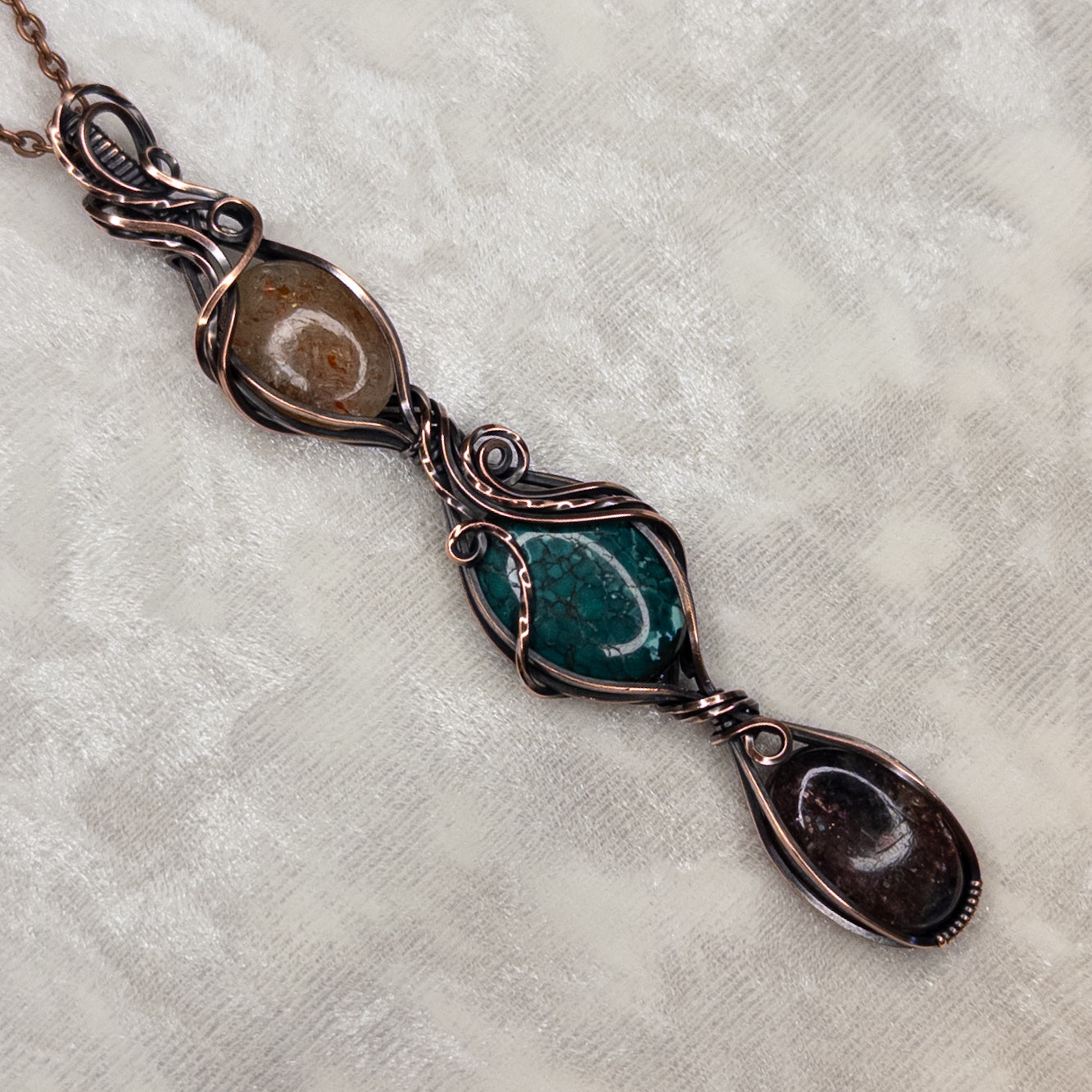 Bloodshot Iolite, Hubei Turquoise, & Confetti Sunstone Antiqued Copper Pendant