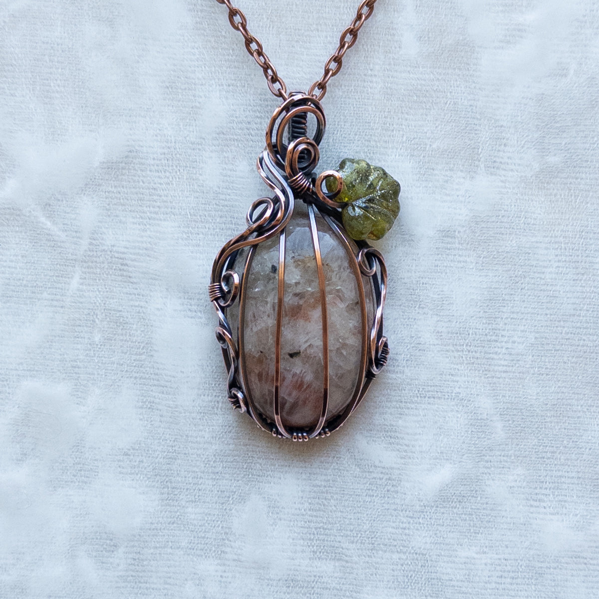 Sunstone Antiqued Copper Pumpkin Pendant With Czech Glass Leaf