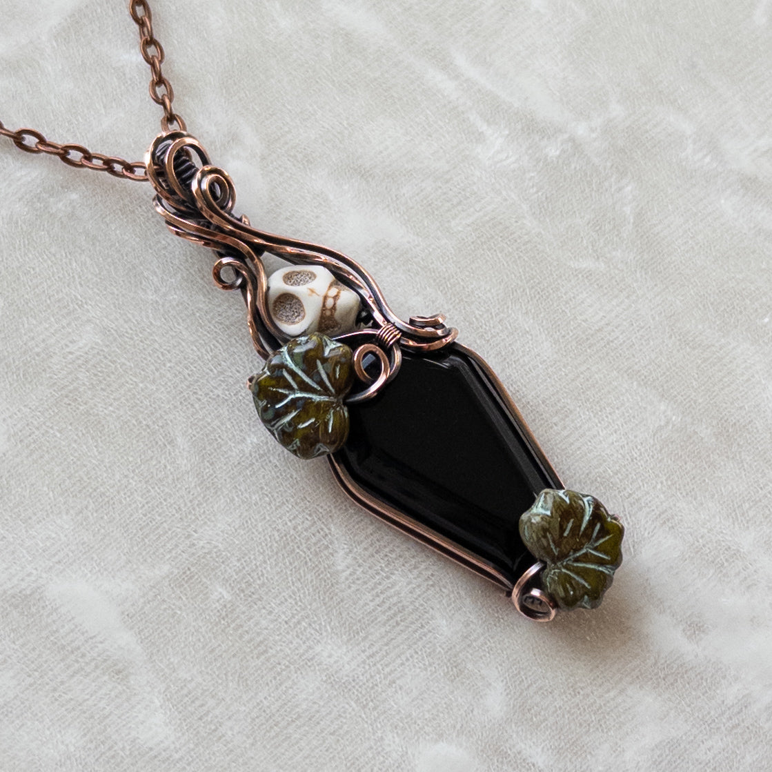 Obsidian Coffin & Skull Antiqued Copper Pendant With Czech Glass Leaves