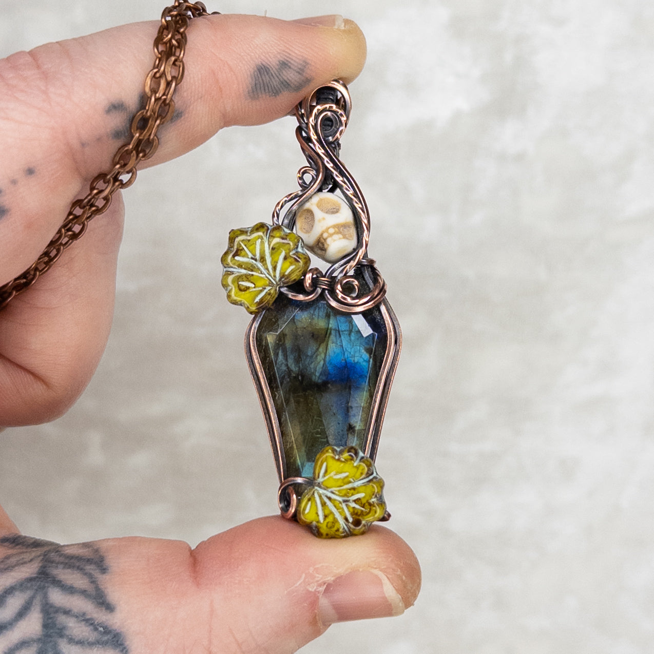 Labradorite Coffin Antiqued Copper Pendant With Stone Skull & Czech Glass Leaves