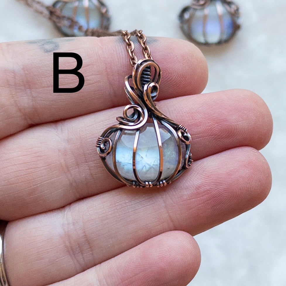 Mini Moonstone Antiqued Copper Pumpkin Pendant