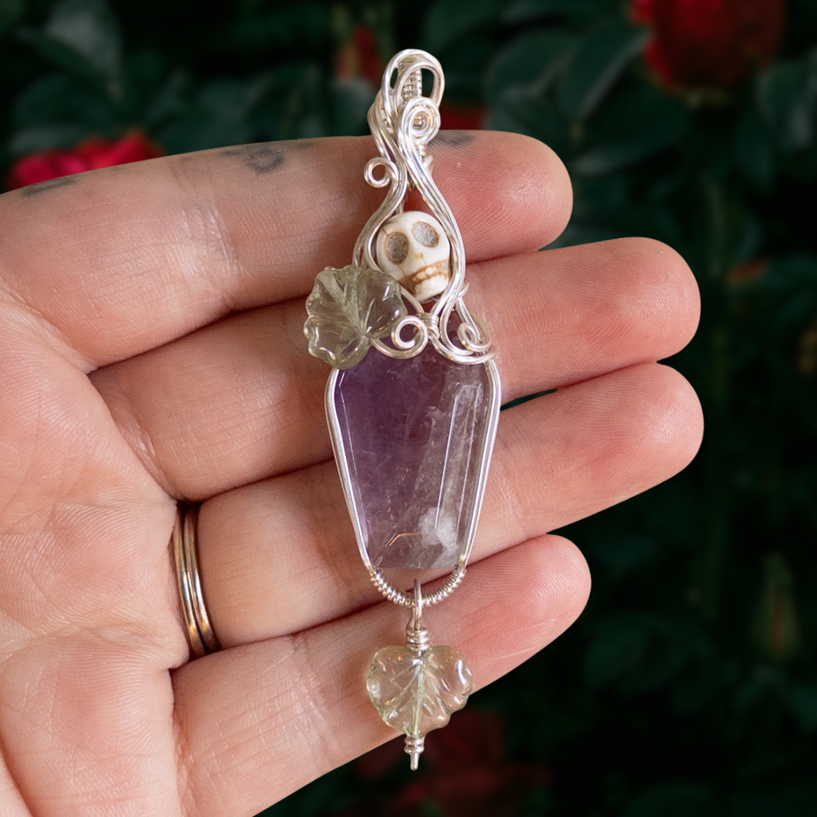 Pastel Amethyst Coffin & Skull Sterling Silver Pendant With Dangling Czech Glass Leaf