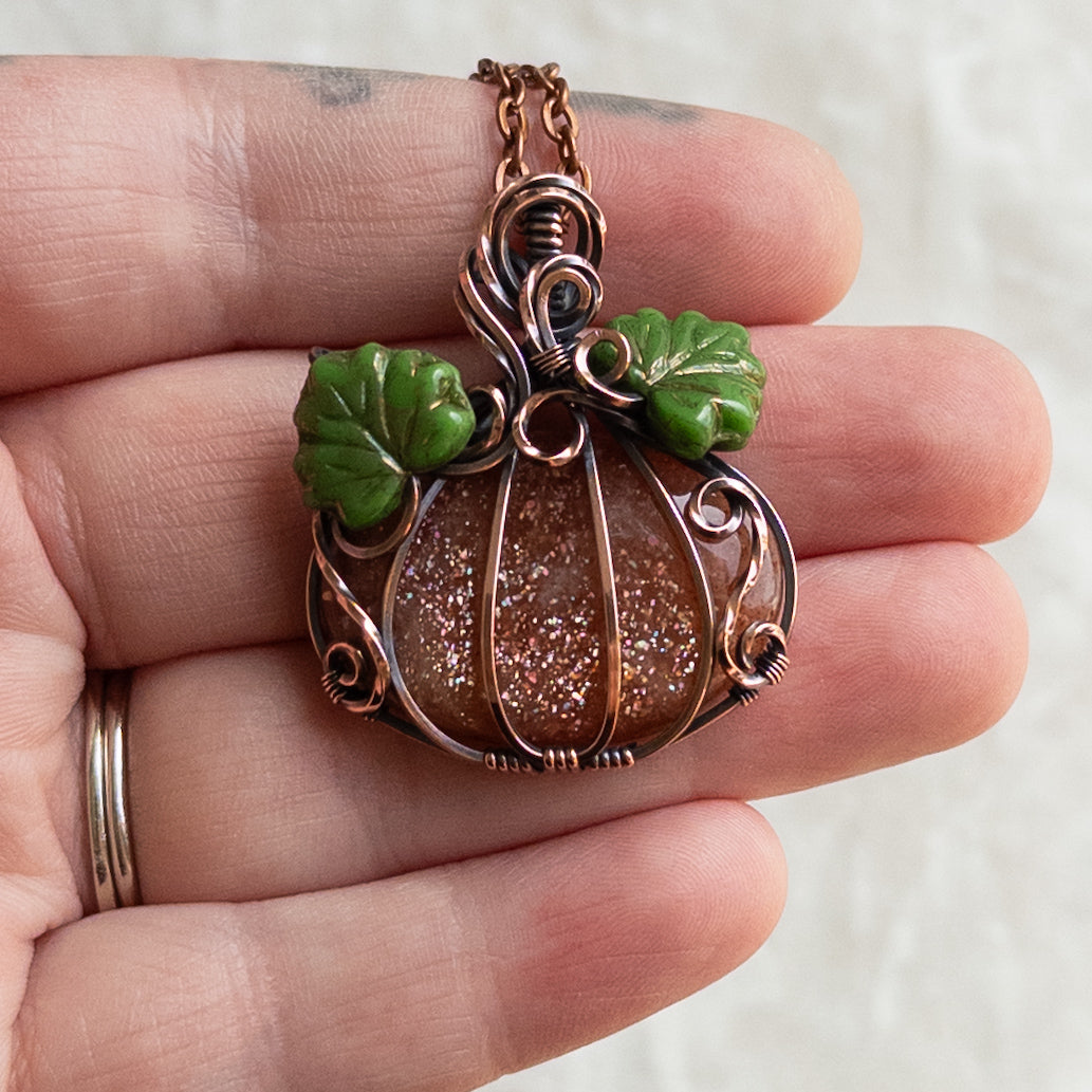 Confetti Sunstone Antiqued Copper Pumpkin Pendant With Czech Glass Leaves