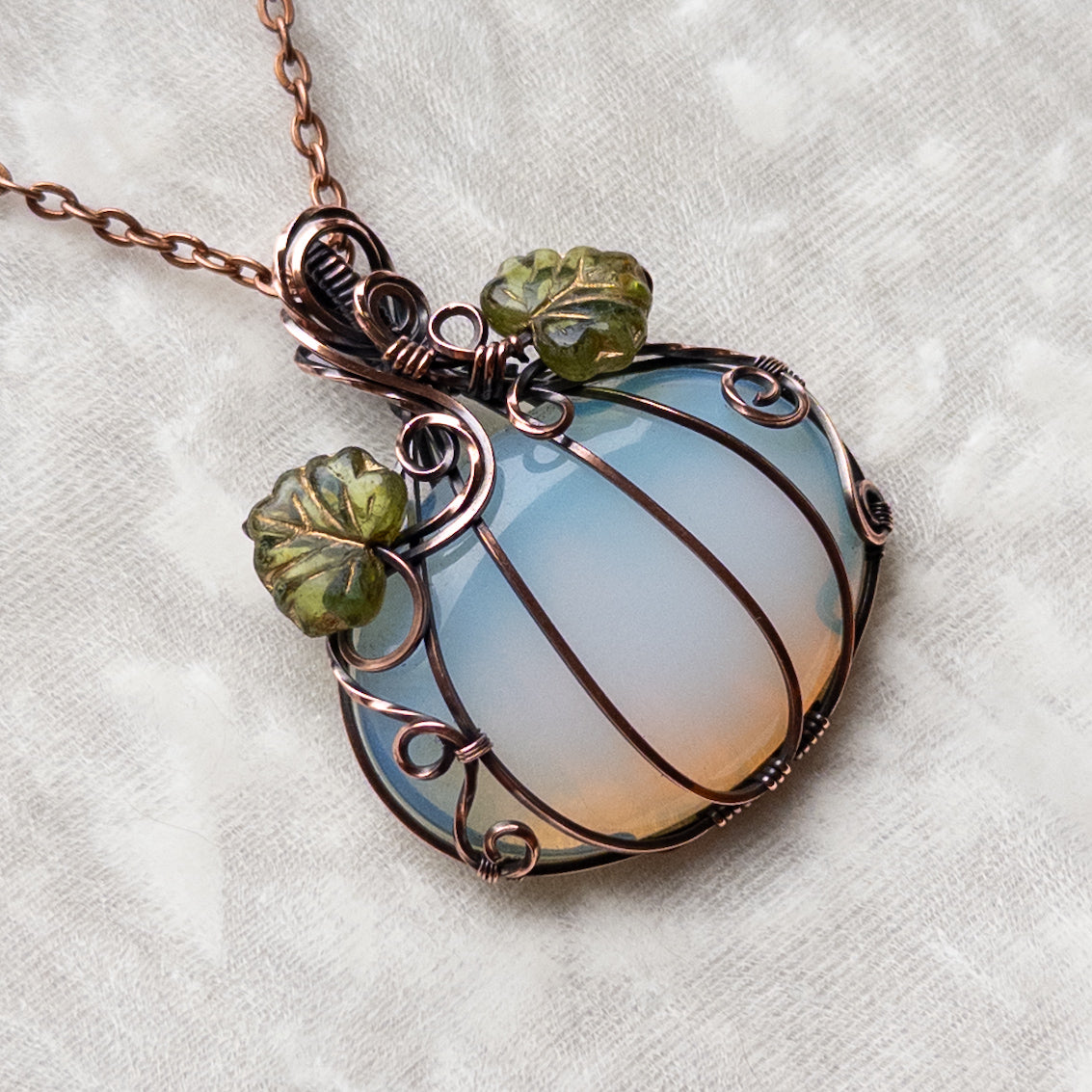 Opalite Glass Antiqued Copper Pumpkin Pendant With Czech Glass Leaves
