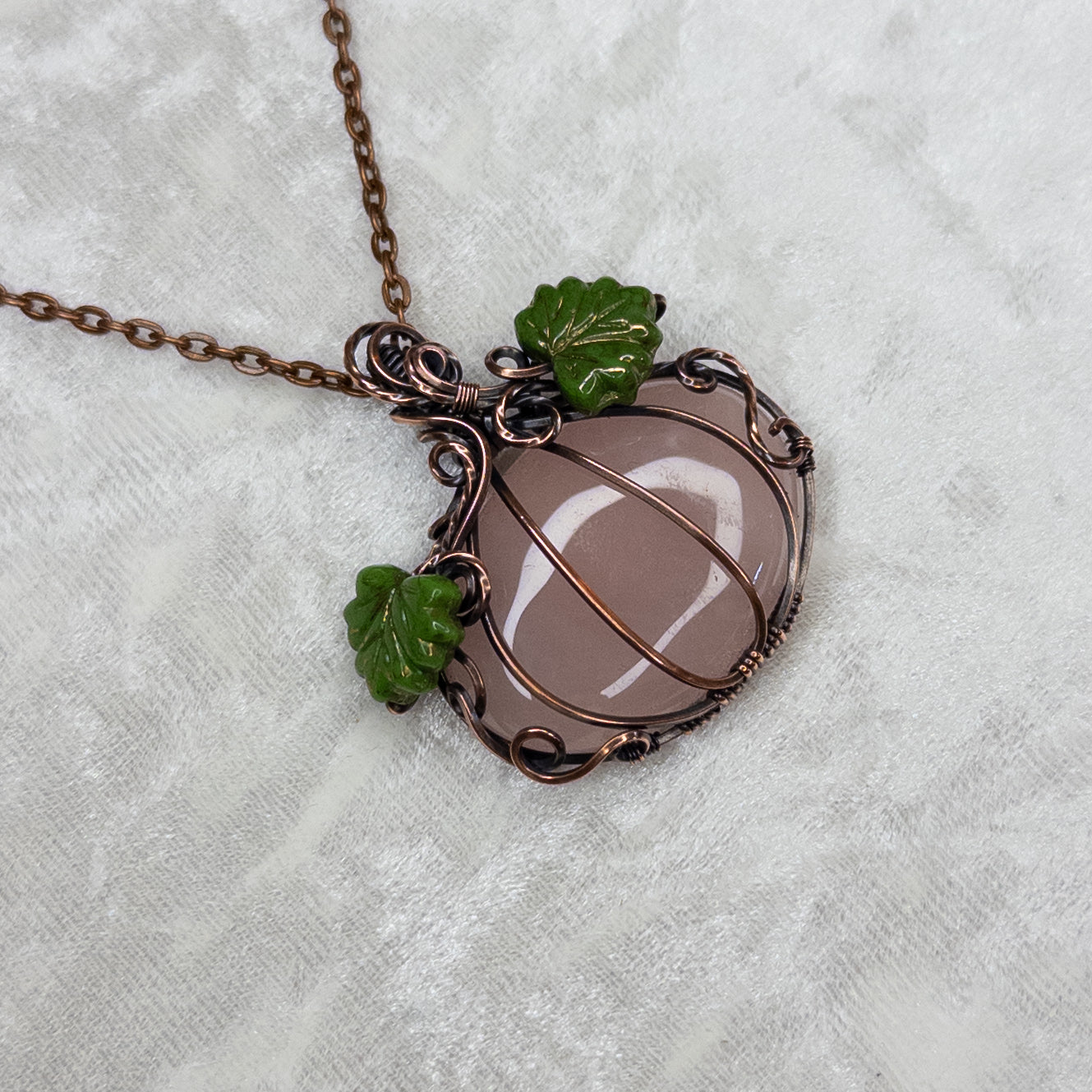 Large Rose Quartz Antiqued Copper Pumpkin Pendant With Czech Glass Leaves