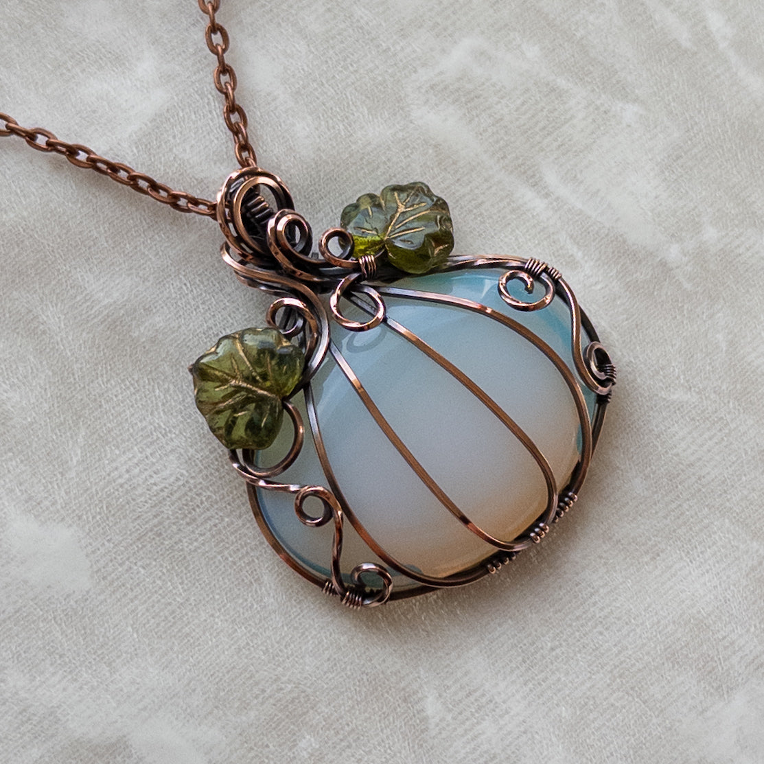 Opalite Glass Antiqued Copper Pumpkin Pendant With Czech Glass Leaves
