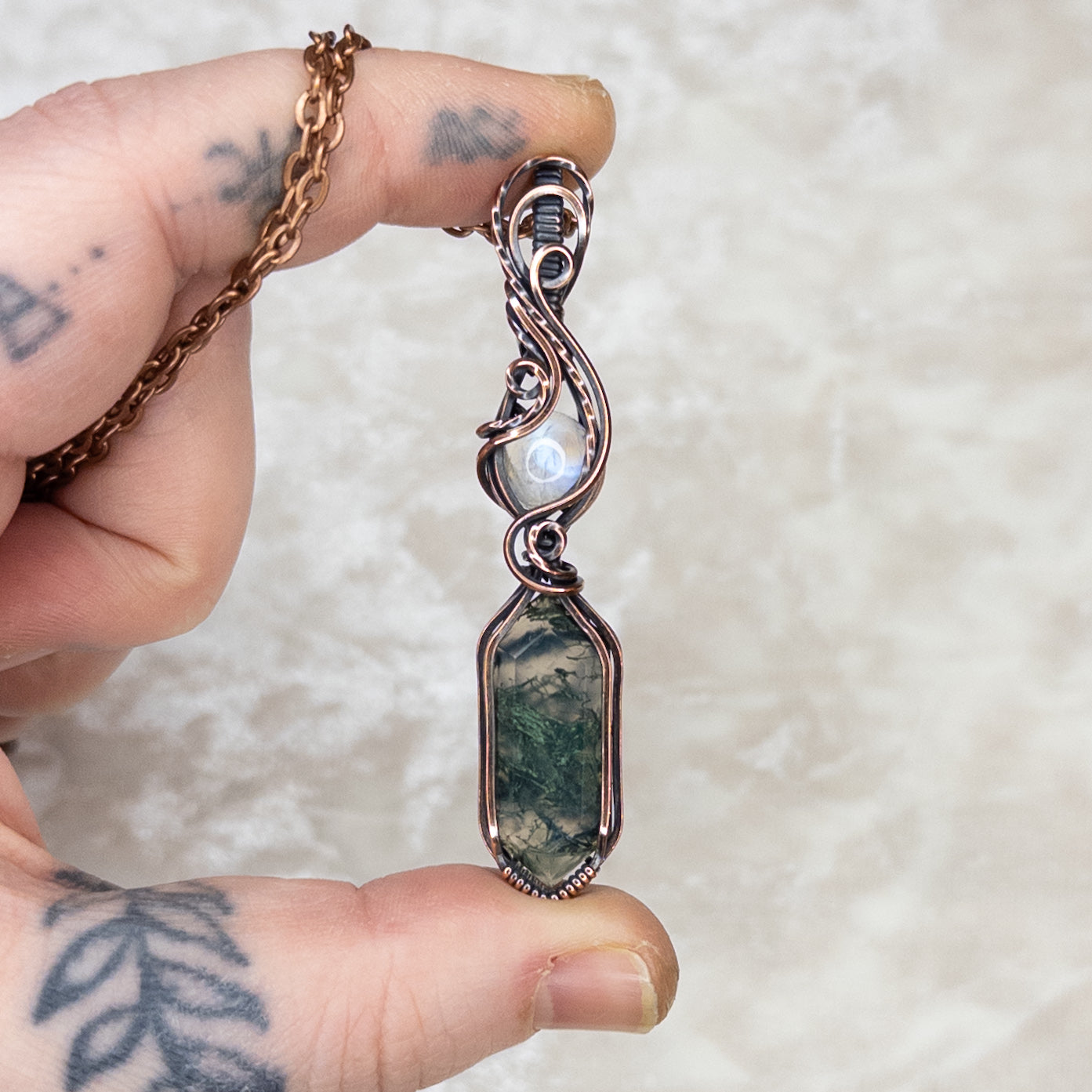 Moss Agate & Moonstone Antiqued Copper Pendant