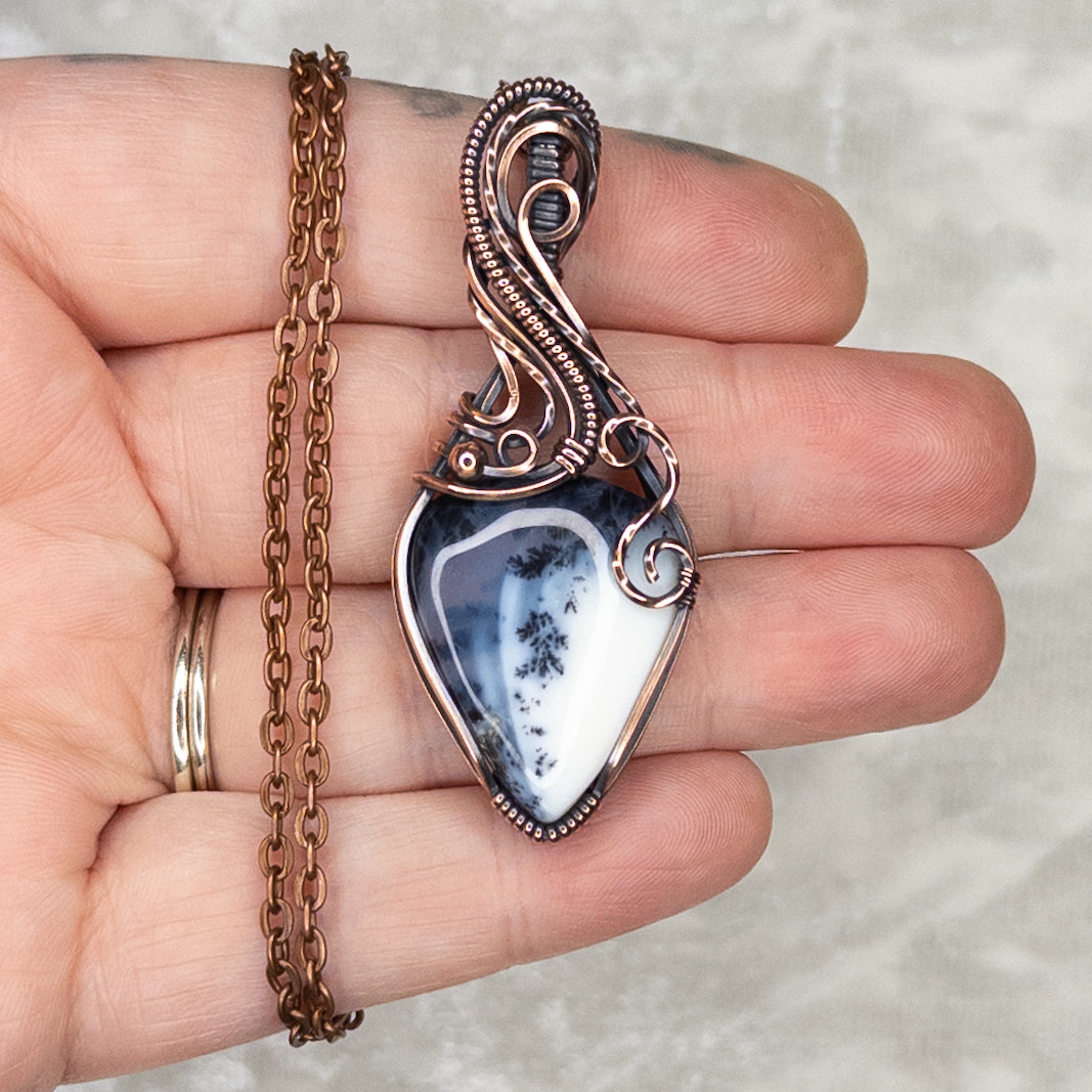 Dendritic White Opal Antiqued Copper Pendant