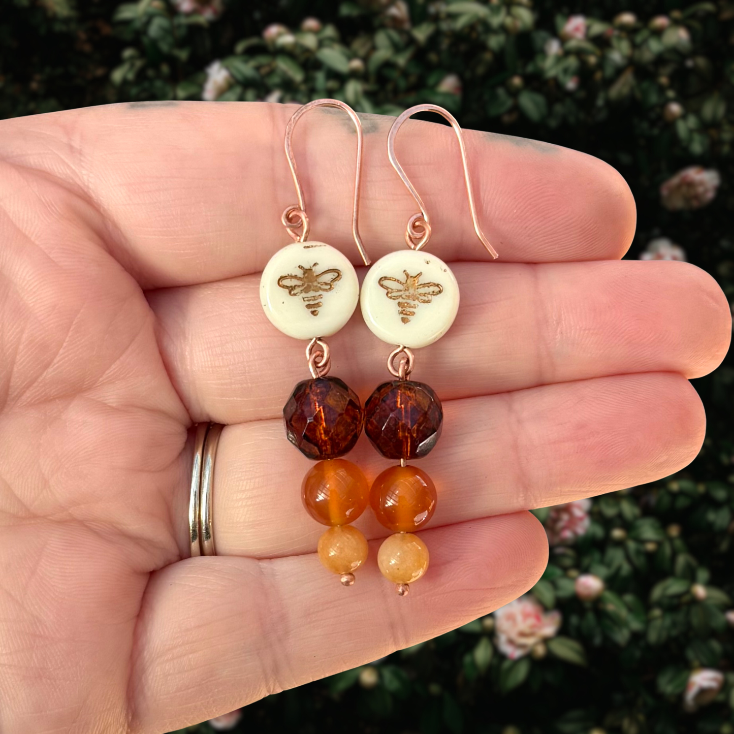 Honey Bee Earrings - Czech glass, carnelian, & orange aventurine beads