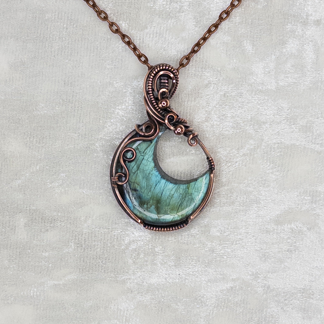 Light Blue Labradorite Moon Antiqued Copper Pendant