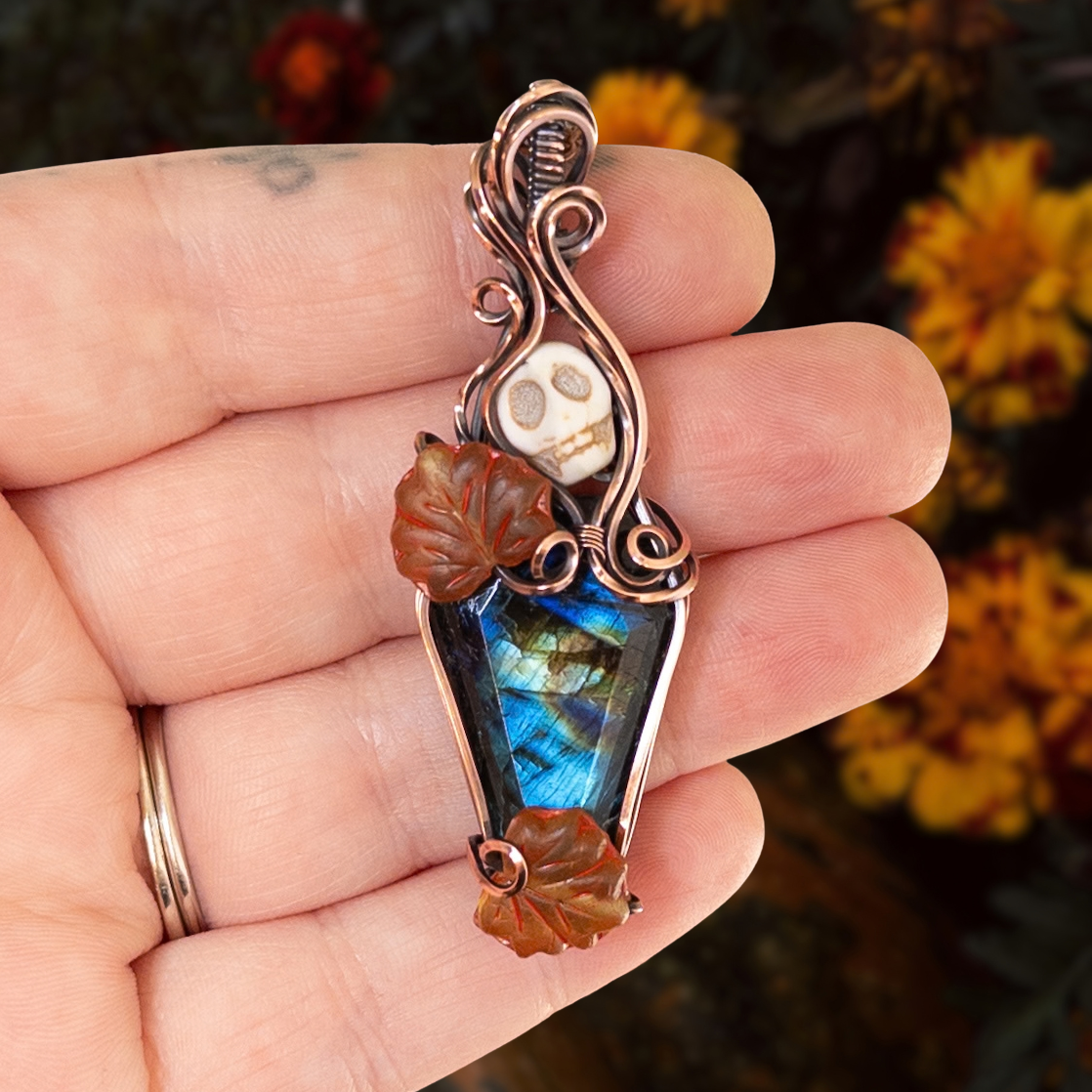Labradorite Coffin & Skull Antiqued Copper Pendant With Czech Glass Leaves