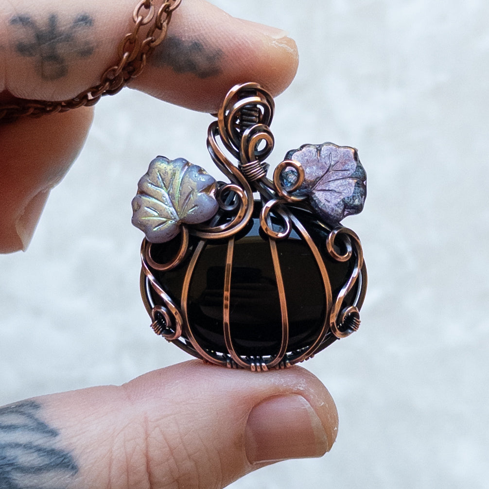 Black Onyx Antiqued Copper Pumpkin Pendant With Purple Leaves