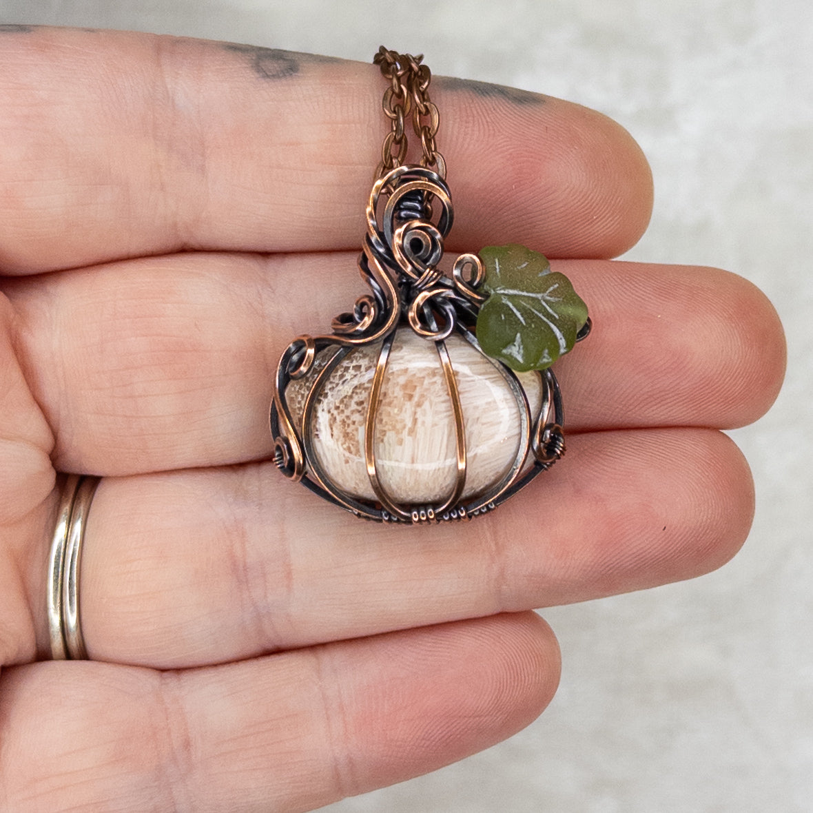Pink Scolecite Antiqued Copper Pumpkin Pendant With Czech Glass Leaf