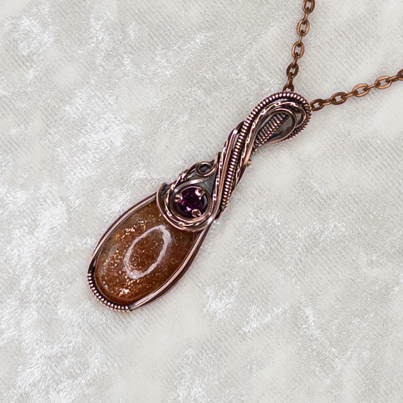 Sunstone & Pink Garnet Antiqued Copper Pendant