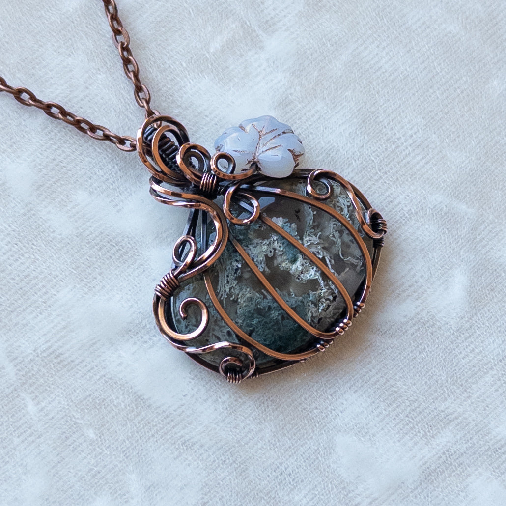 Moss Agate Antiqued Copper Pumpkin Pendant With Czech Glass Leaf