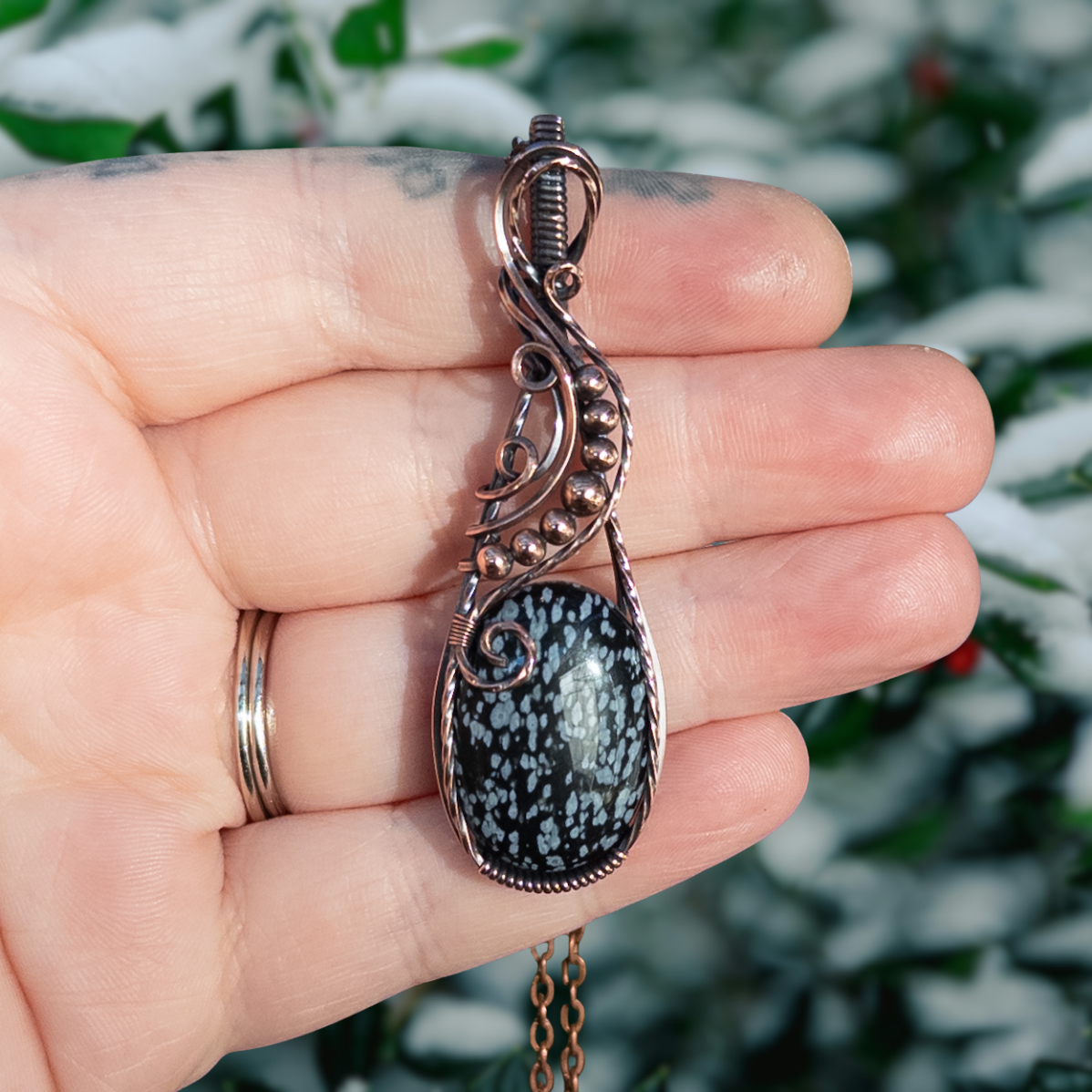Snowflake Obsidian Antiqued Copper Pendant