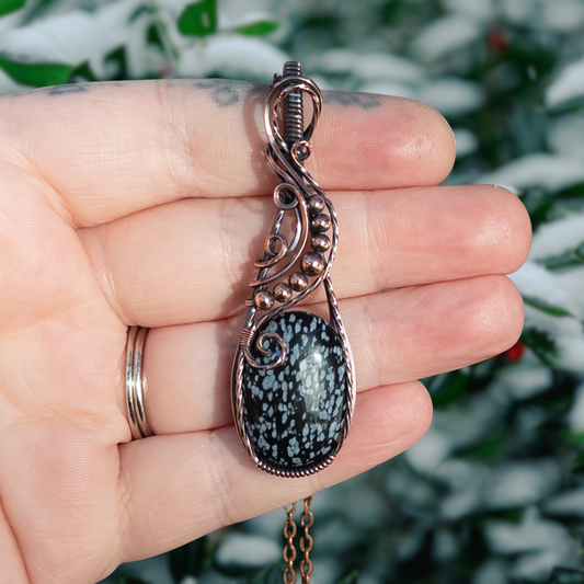 Snowflake Obsidian Antiqued Copper Pendant