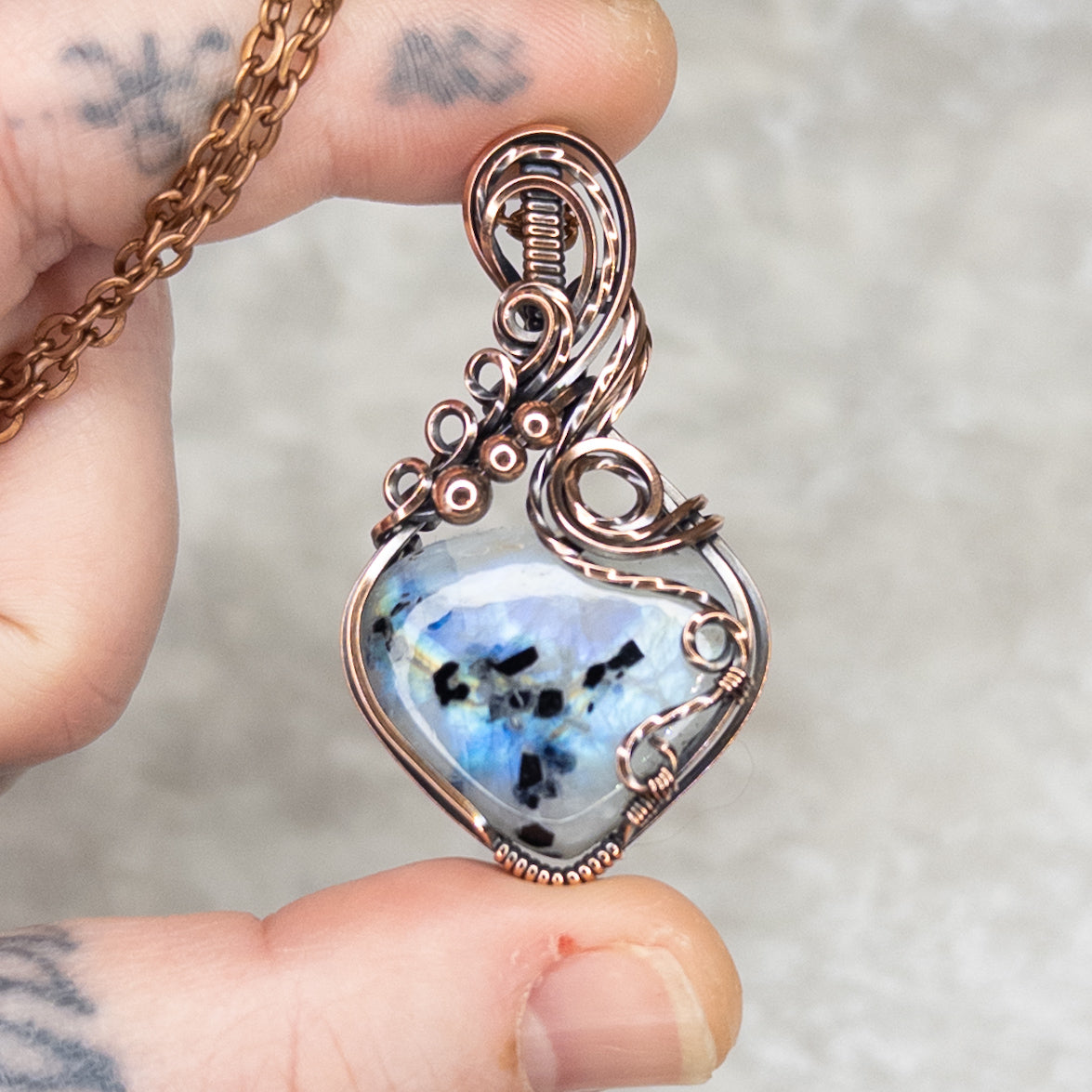 Rainbow Moonstone W/ Black Tourmaline Antiqued Copper Pendant