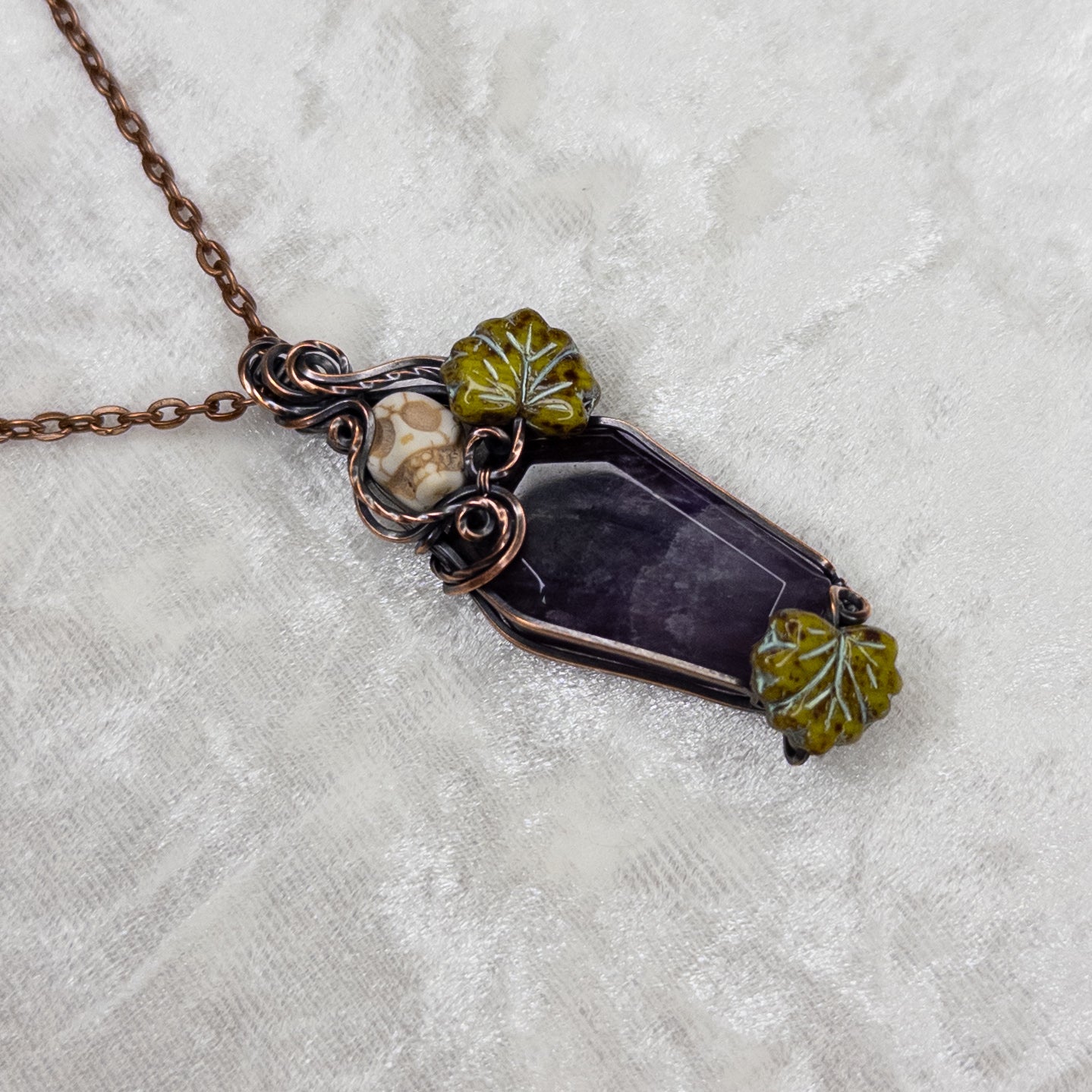 Amethyst Coffin & Skull Antiqued Copper Pendant With Czech Glass Leaves
