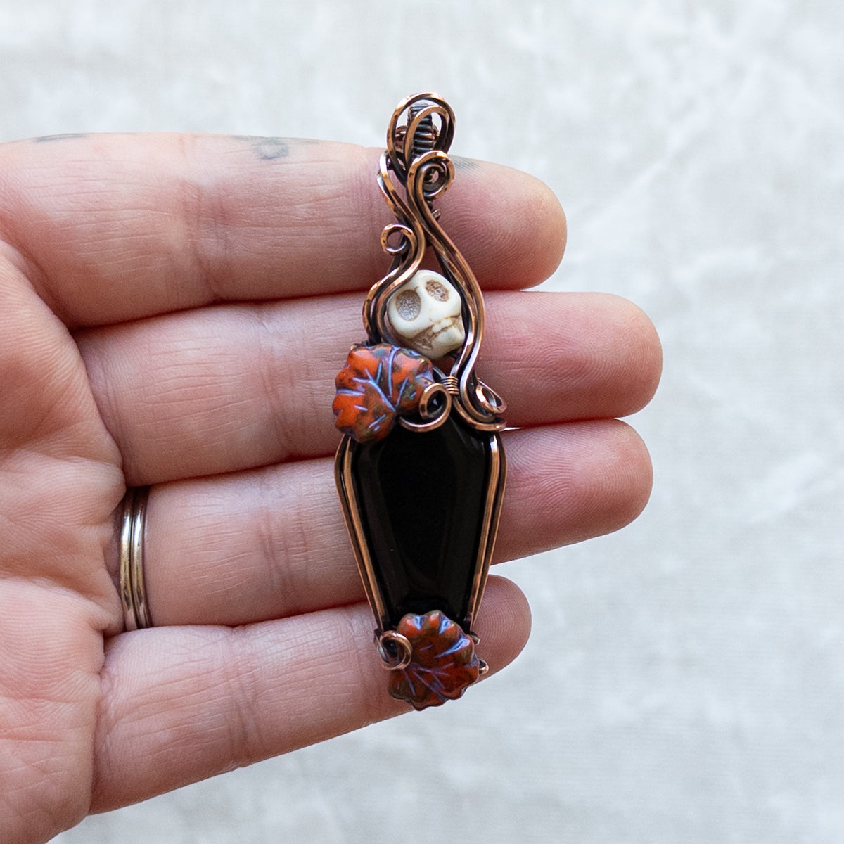Obsidian Coffin & Skull Antiqued Copper Pendant With Czech Glass Leaves