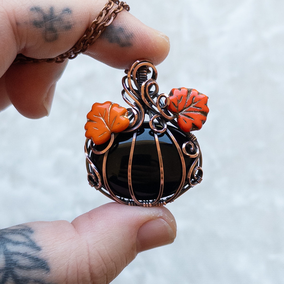 Black Onyx Antiqued Copper Pumpkin Pendant With Orange Leaves