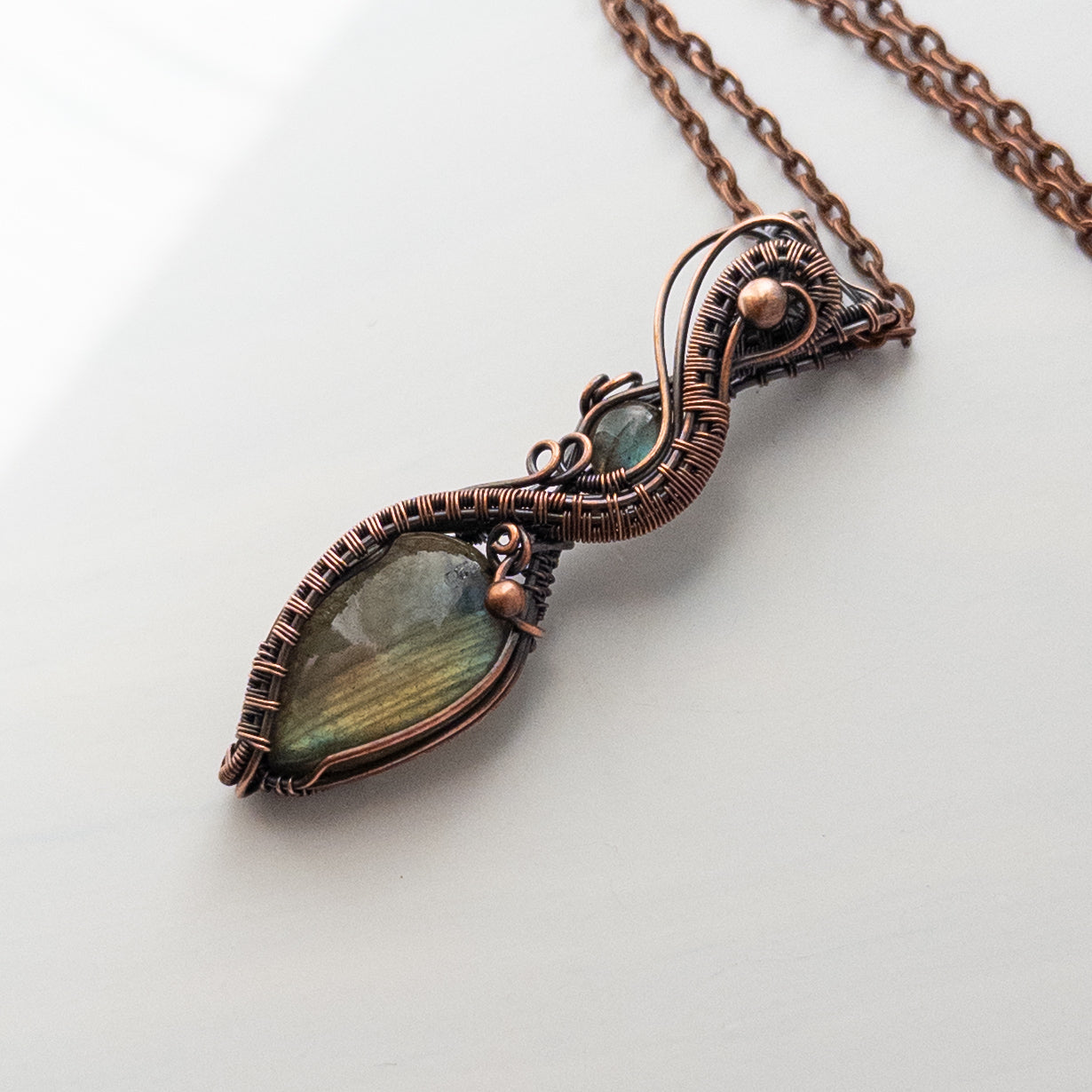 Double Labradorite Wrapped & Woven Copper Pendant