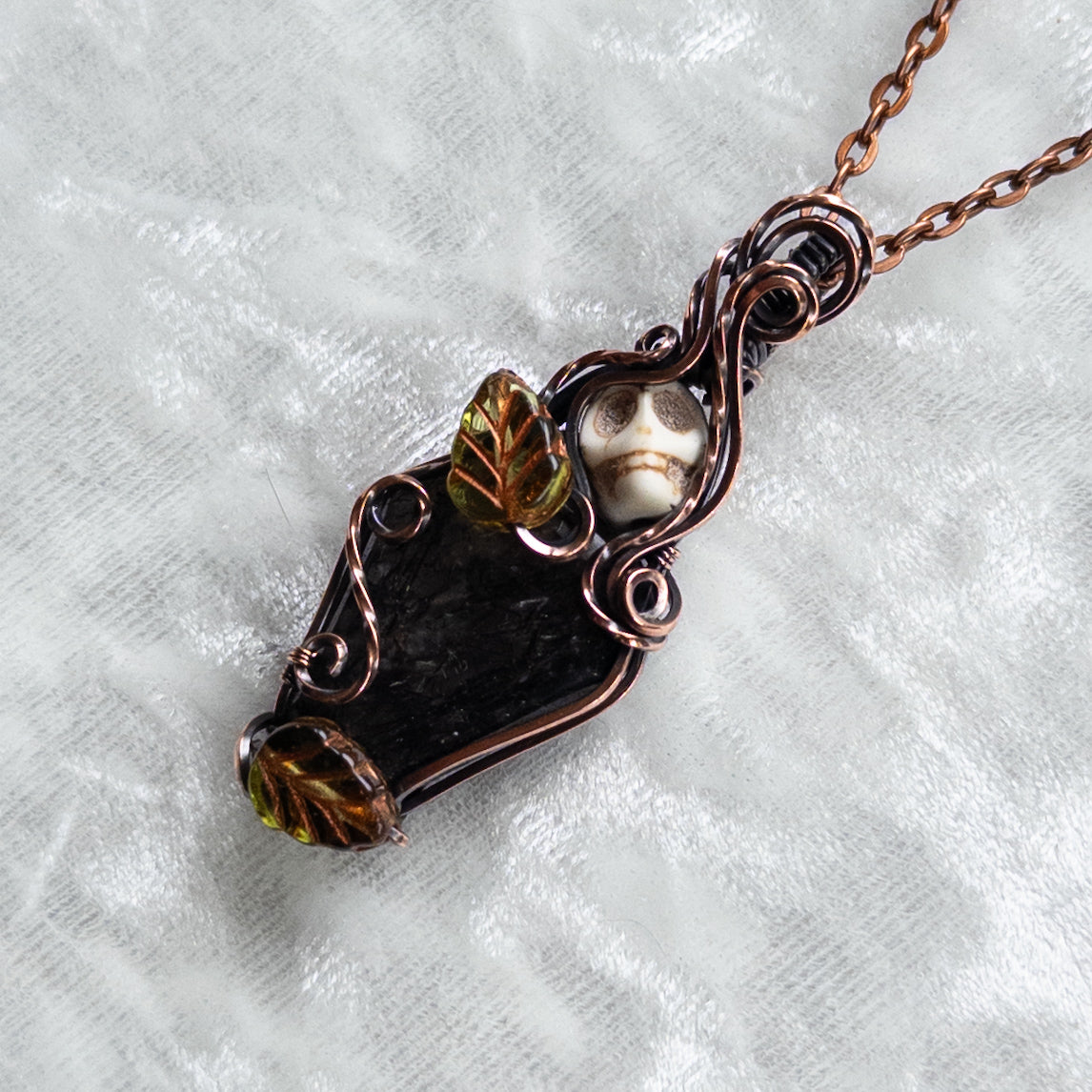 Tourmalinated Quartz Coffin & Skull Antiqued Copper Pendant With Czech Glass Leaves