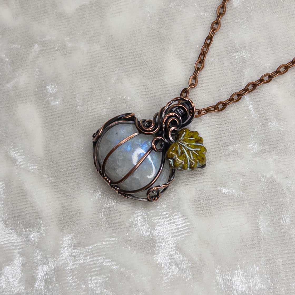 White Moonstone Antiqued Copper Pumpkin Pendant With Czech Glass Leaf