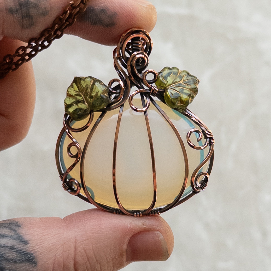 Opalite Glass Antiqued Copper Pumpkin Pendant With Czech Glass Leaves