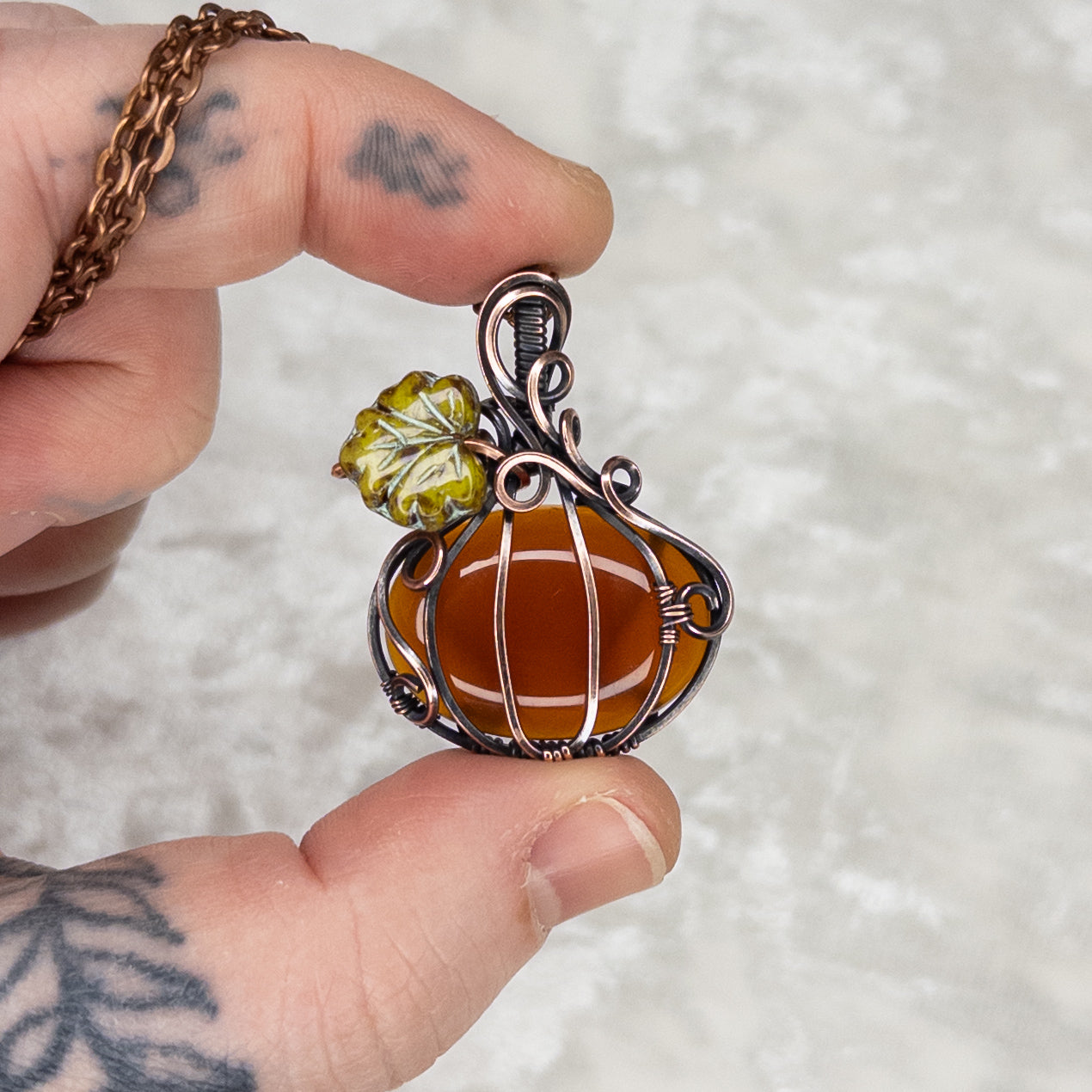 Red Carnelian Antiqued Copper Pumpkin Pendant With Czech Glass Leaf