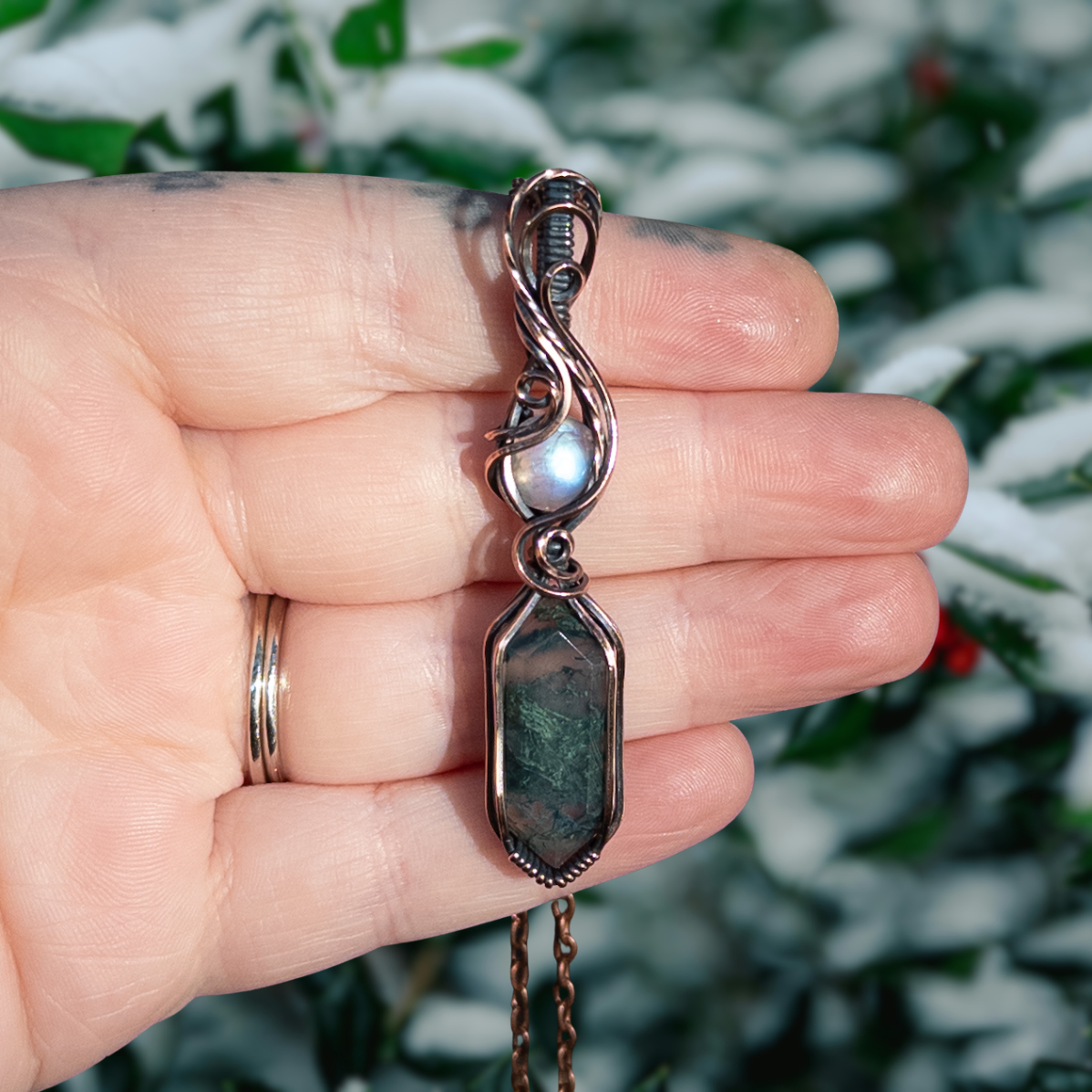 Moss Agate & Moonstone Antiqued Copper Pendant