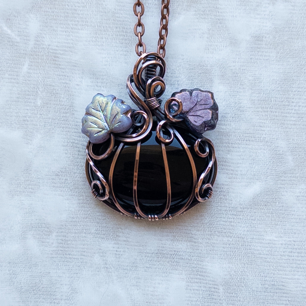 Black Onyx Antiqued Copper Pumpkin Pendant With Purple Leaves