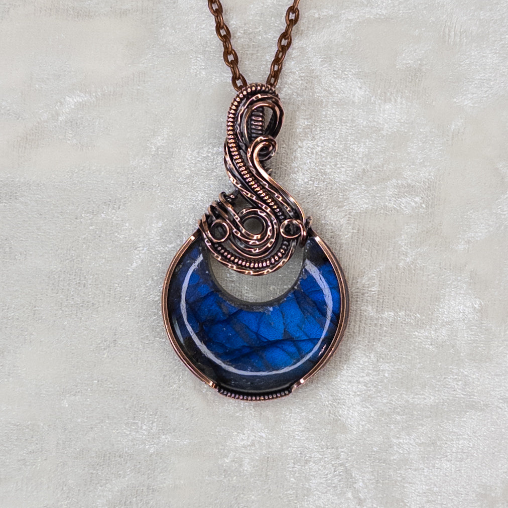 Deep Blue Labradorite Moon Antiqued Copper Pendant