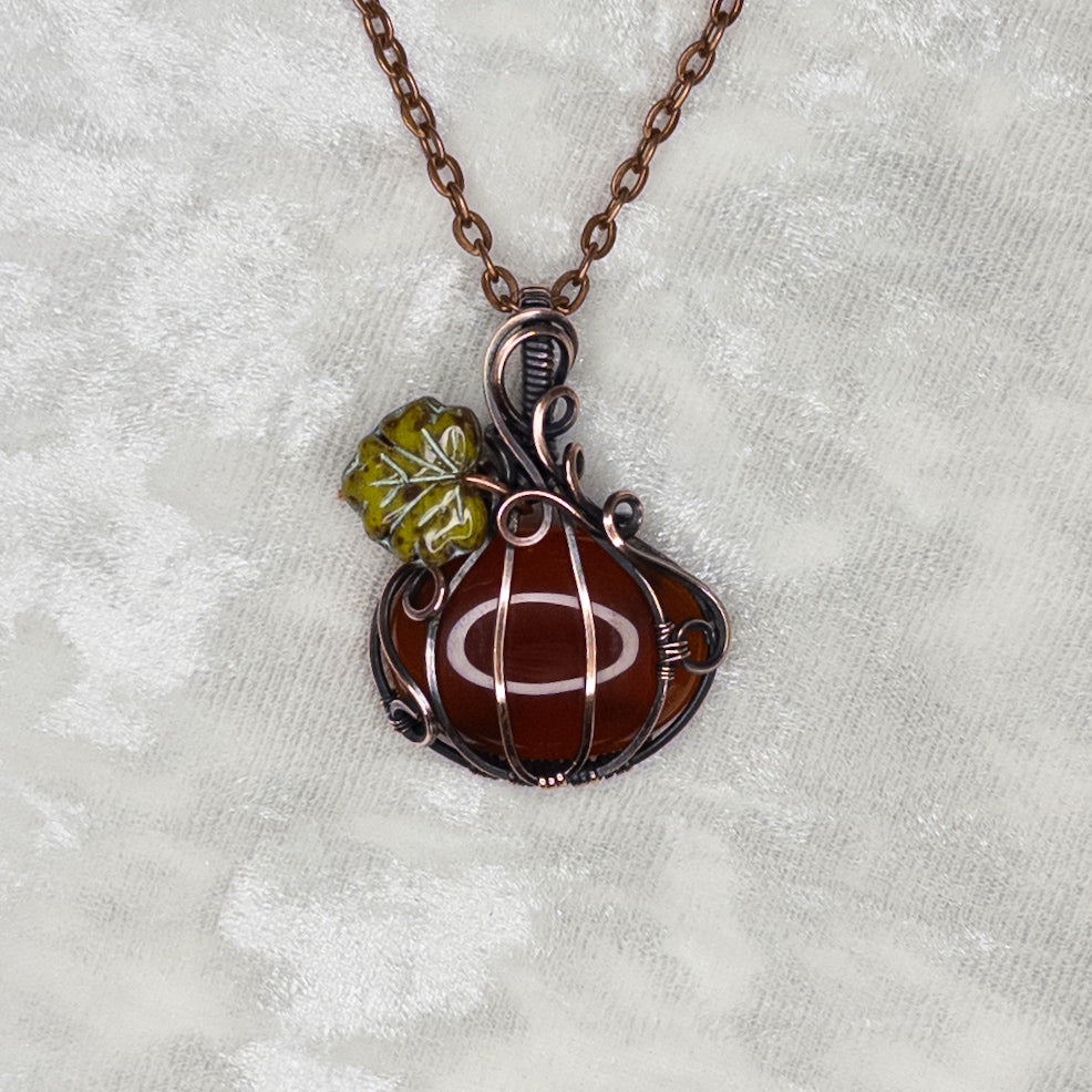 Red Carnelian Antiqued Copper Pumpkin Pendant With Czech Glass Leaf