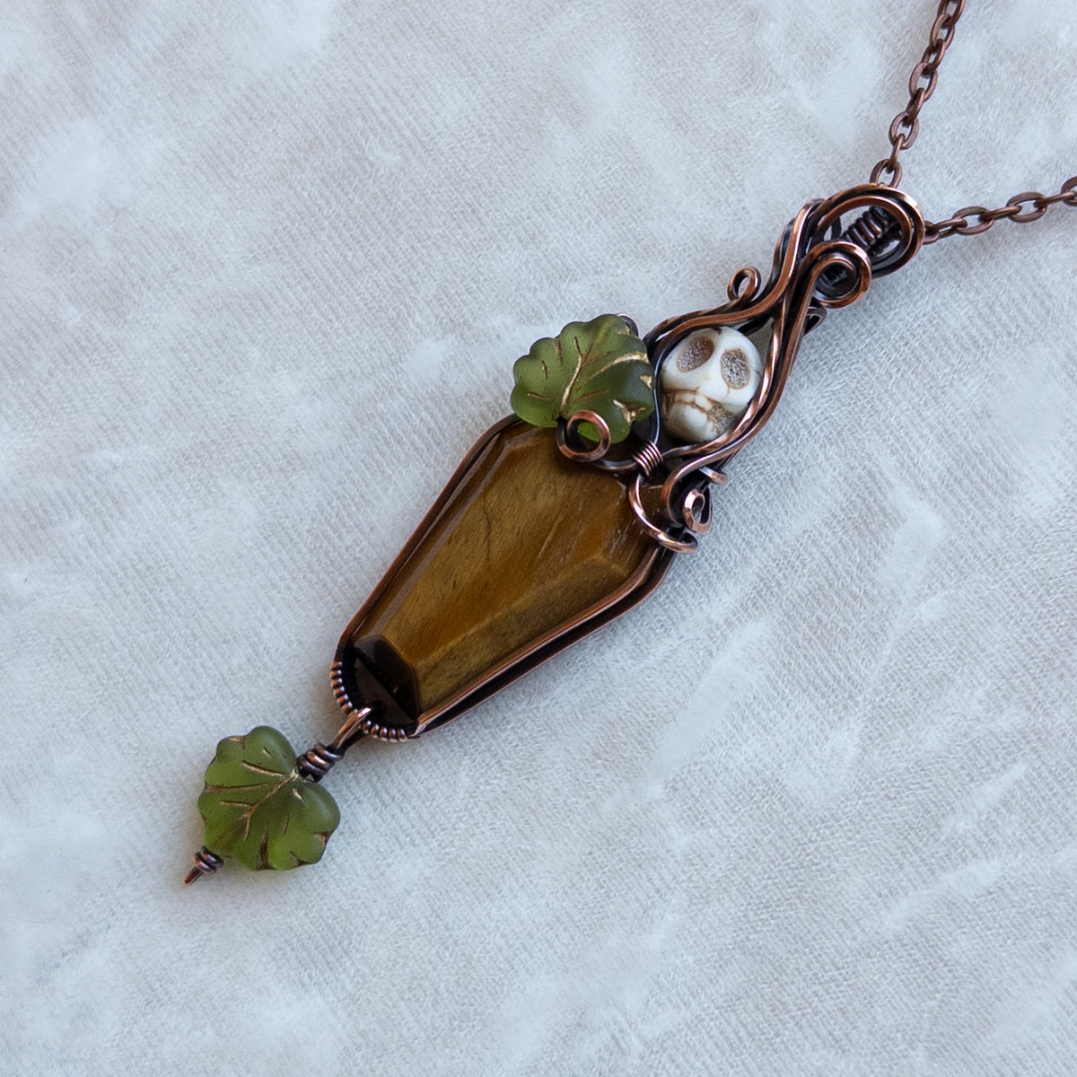 Tiger’s Eye Coffin & Skull Antiqued Copper Pendant With Czech Glass Leaves