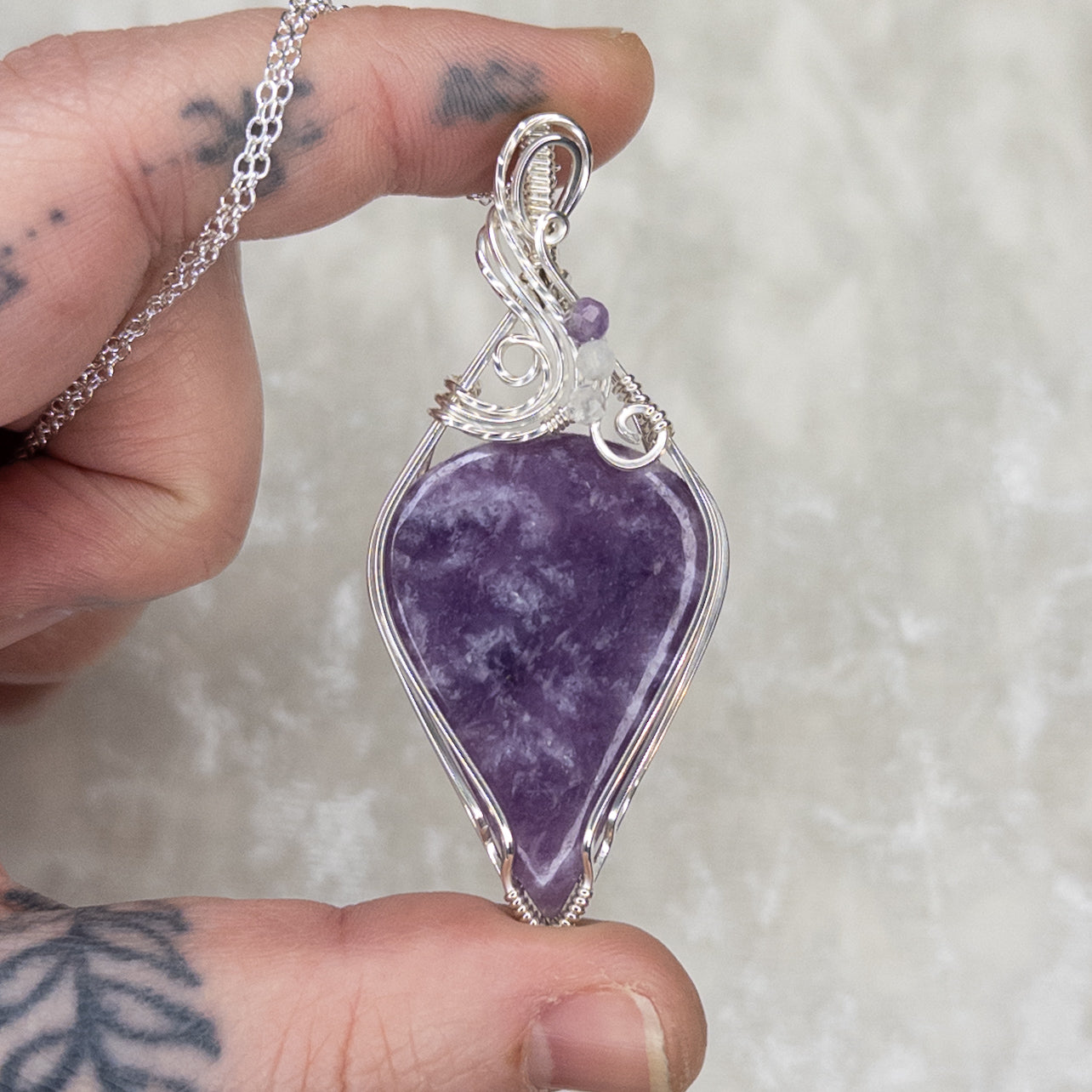 Lepidolite .925 Sterling Silver Pendant With Faceted Amethyst, Moonstone, & Quartz Beads