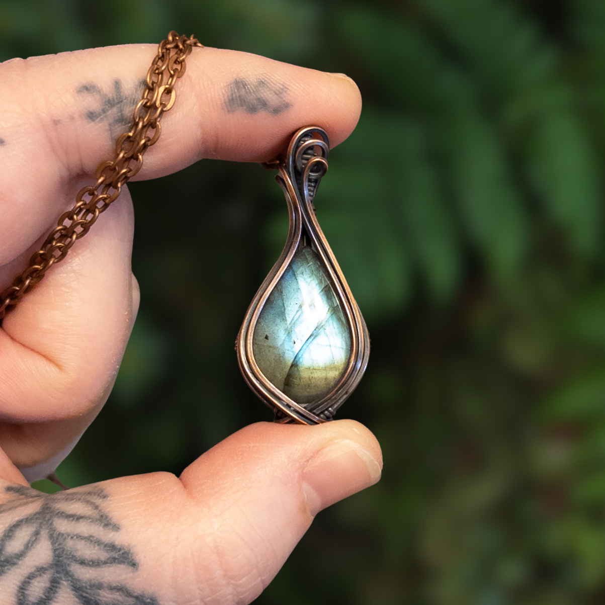 Blue Green Labradorite Copper Wrapped Pendant