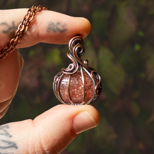 Strawberry Quartz Antiqued Copper Pumpkin Pendant