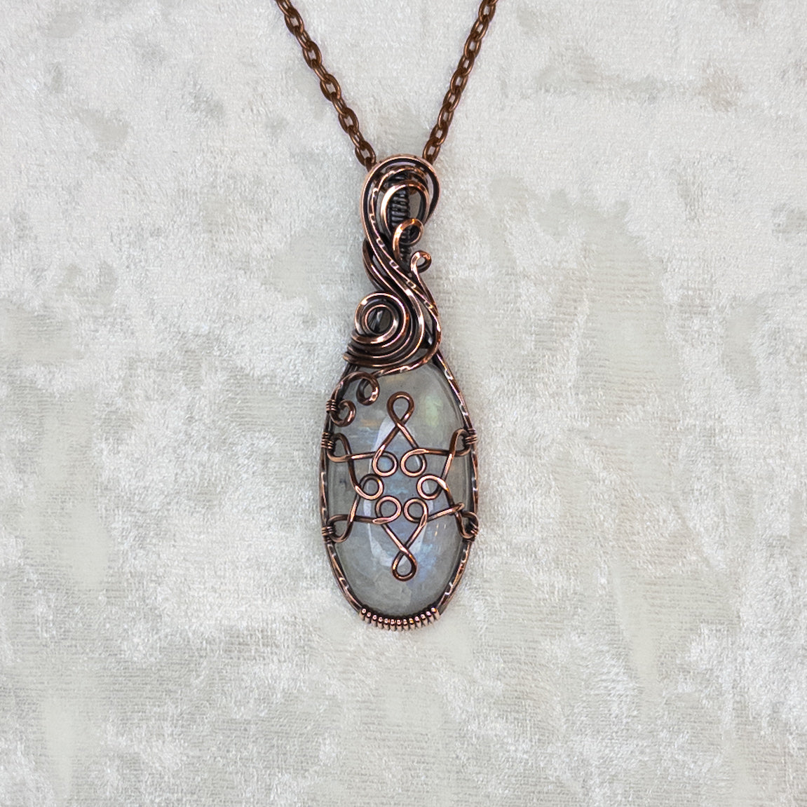 Rainbow Moonstone Snowflake Antiqued Copper Pendant