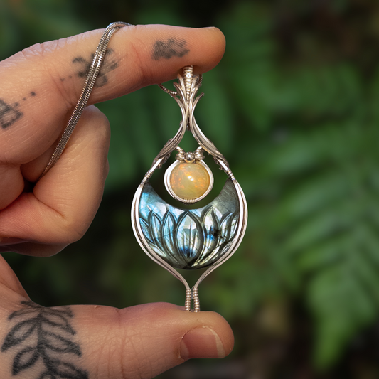 Lotus Carved Labradorite Moon & 2 ct. Ethiopian Opal Sterling Silver Pendant