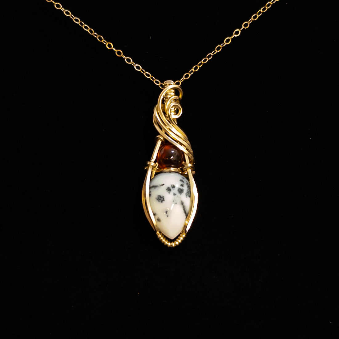 Dendritic Opal & Hessonite Garnet 14k Gold Fill Pendant