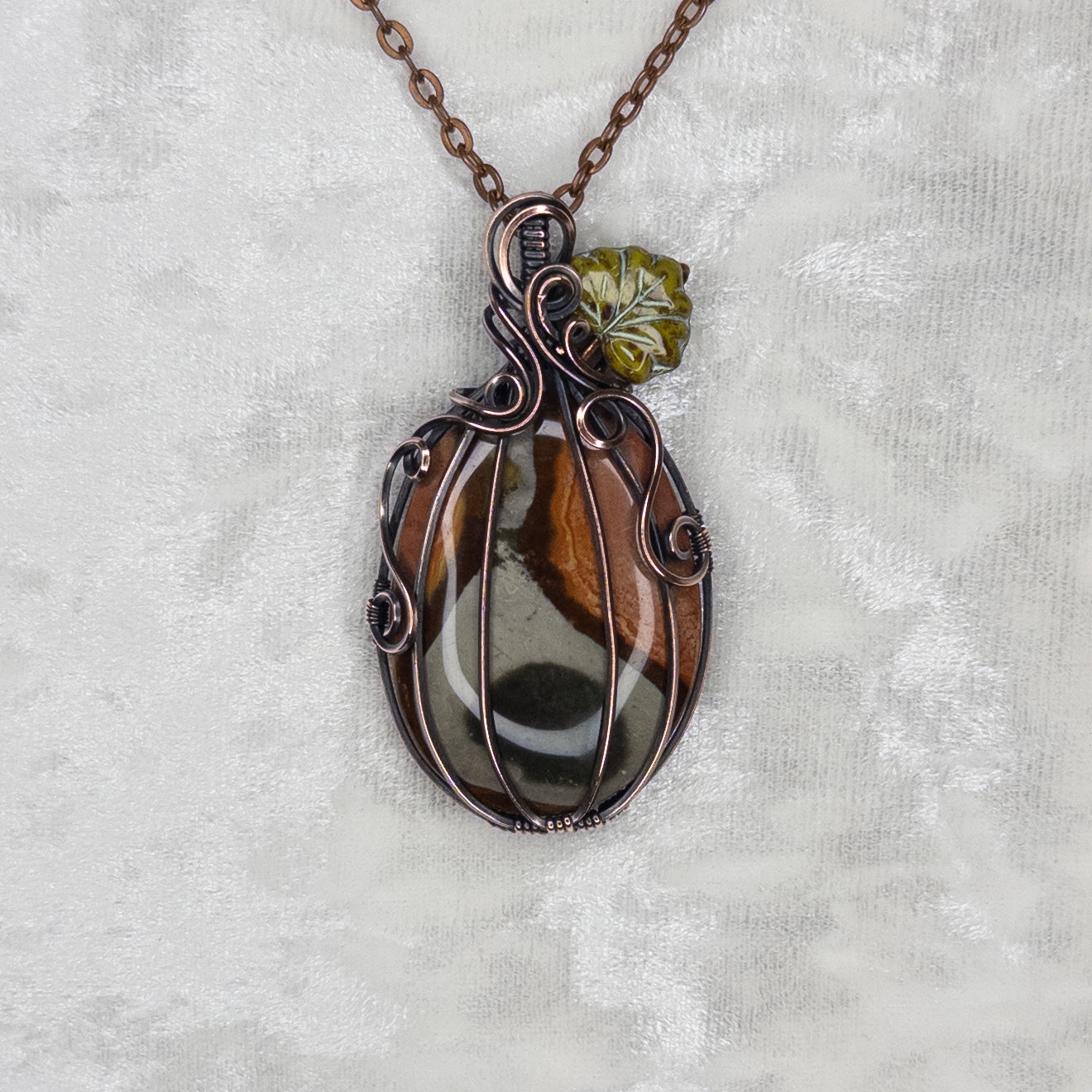 Polychrome Jasper Antiqued Copper Pumpkin Pendant With Czech Glass Leaf