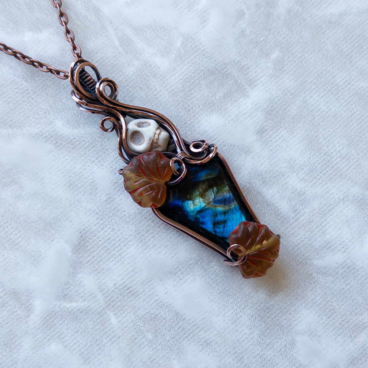 Labradorite Coffin & Skull Antiqued Copper Pendant With Czech Glass Leaves