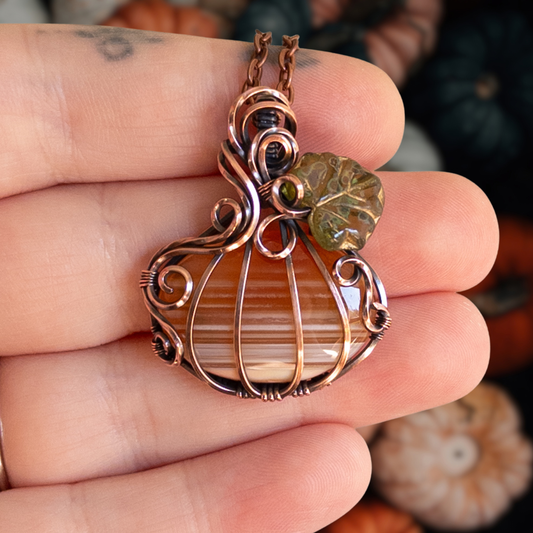 “Candy Corn” Banded Agate Antiqued Copper Pumpkin Pendant With Czech Glass Leaf