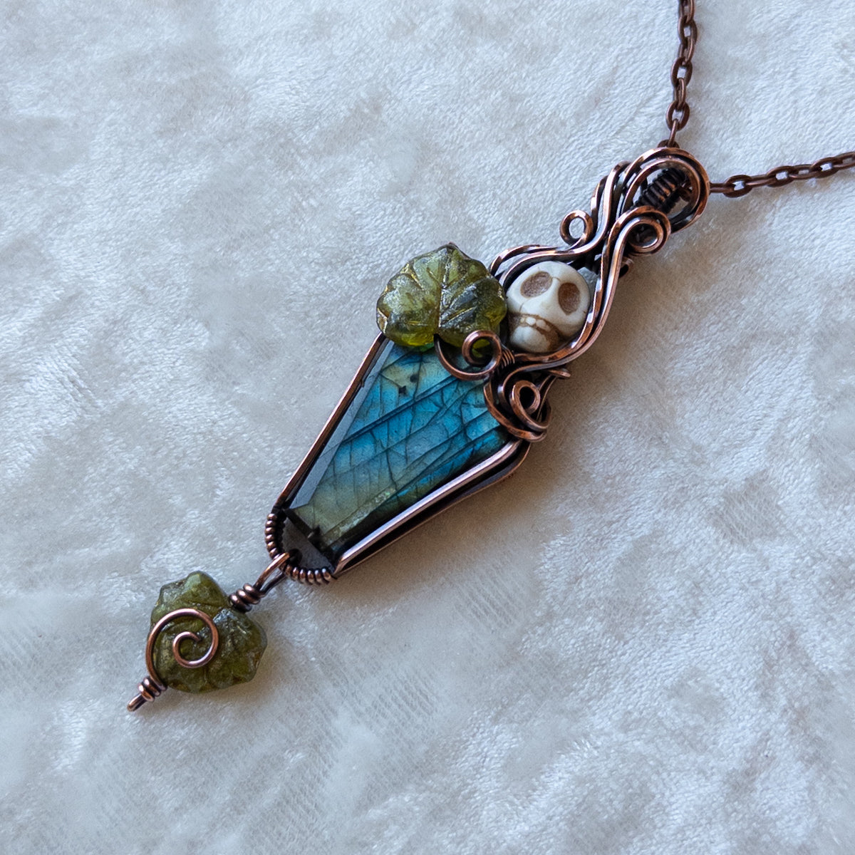 Labradorite Coffin & Skull Antiqued Copper Pendant With Czech Glass Leaves