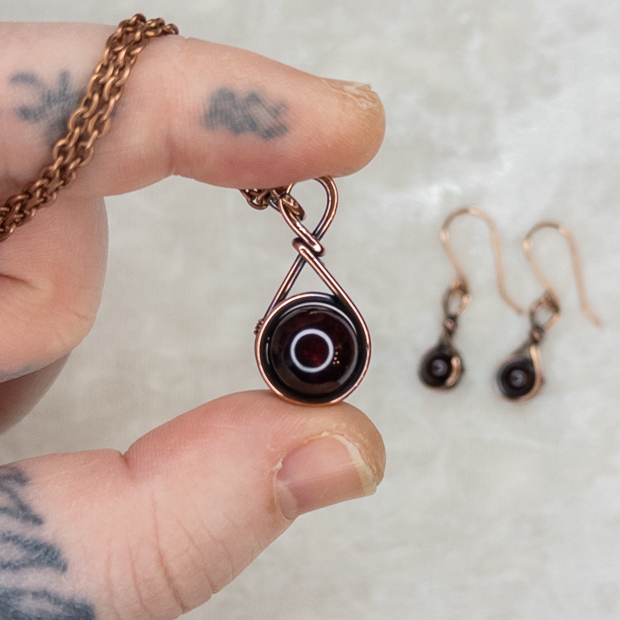 Drops of Garnet Antiqued Copper Pendant & Earrings Set