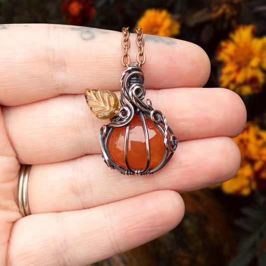 Orange Carnelian Antiqued Copper Pumpkin Pendant With Czech Glass Leaf