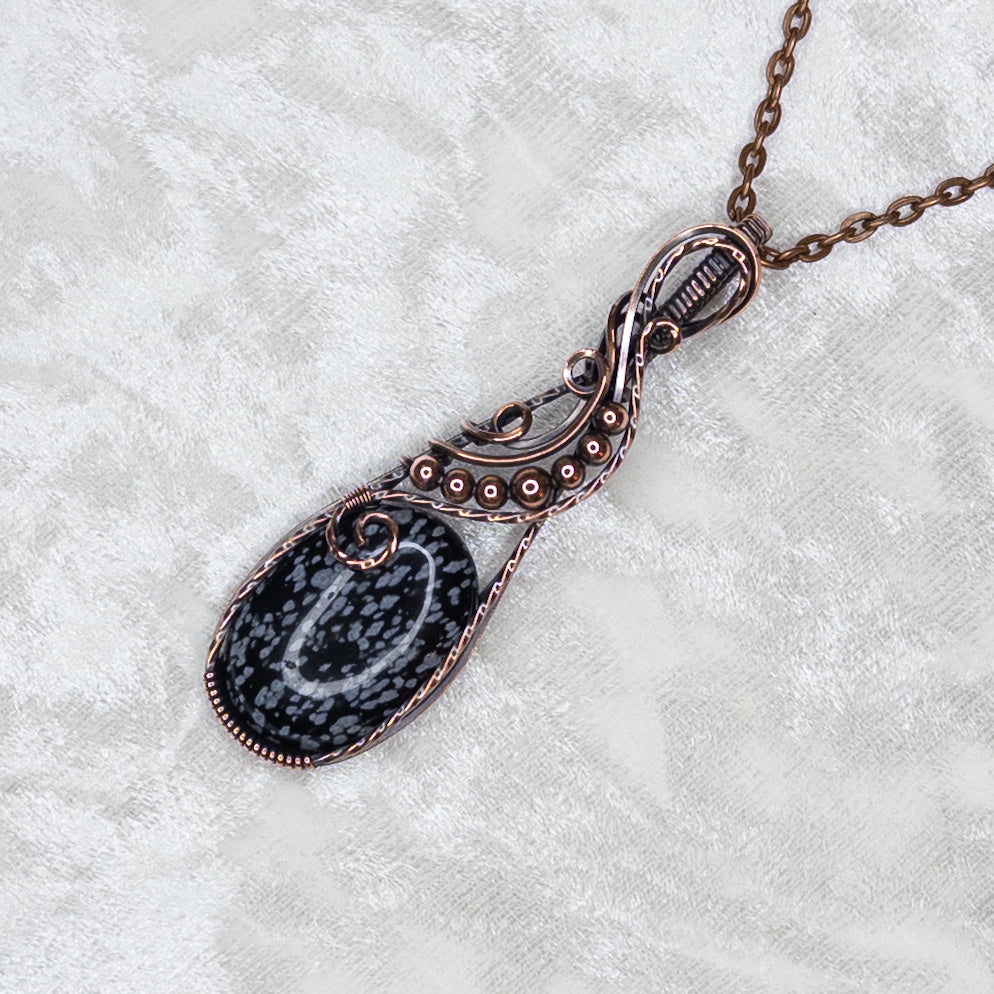 Snowflake Obsidian Antiqued Copper Pendant