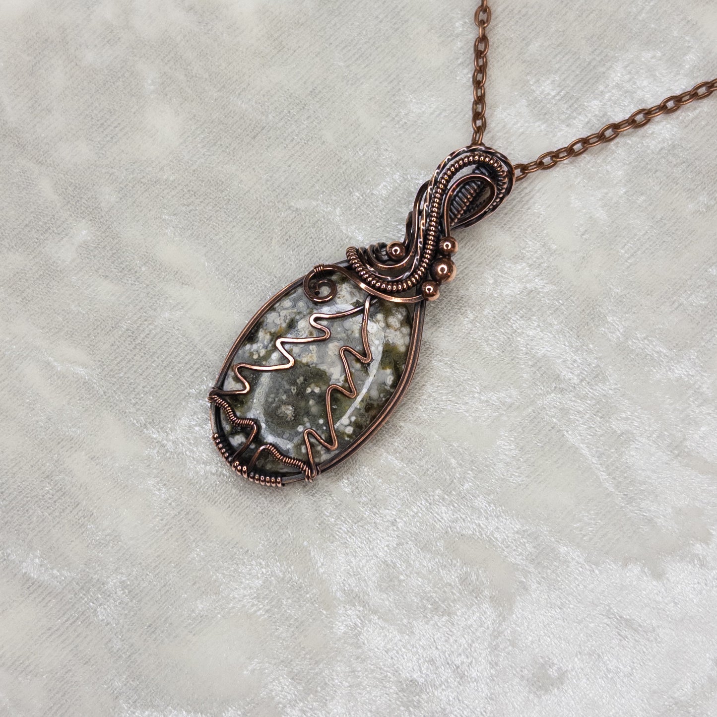 Ocean Jasper Pine Tree Antiqued Copper Pendant